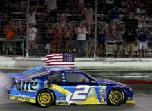 Credit: Jerry Markland/Getty Images for NASCAR Brad Keselowski does donuts for fans at Bristol Motor Speedway after winning the NASCAR Sprint Cup Series Irwin Tools Night Race at Bristol Motor Speedway on Saturday.